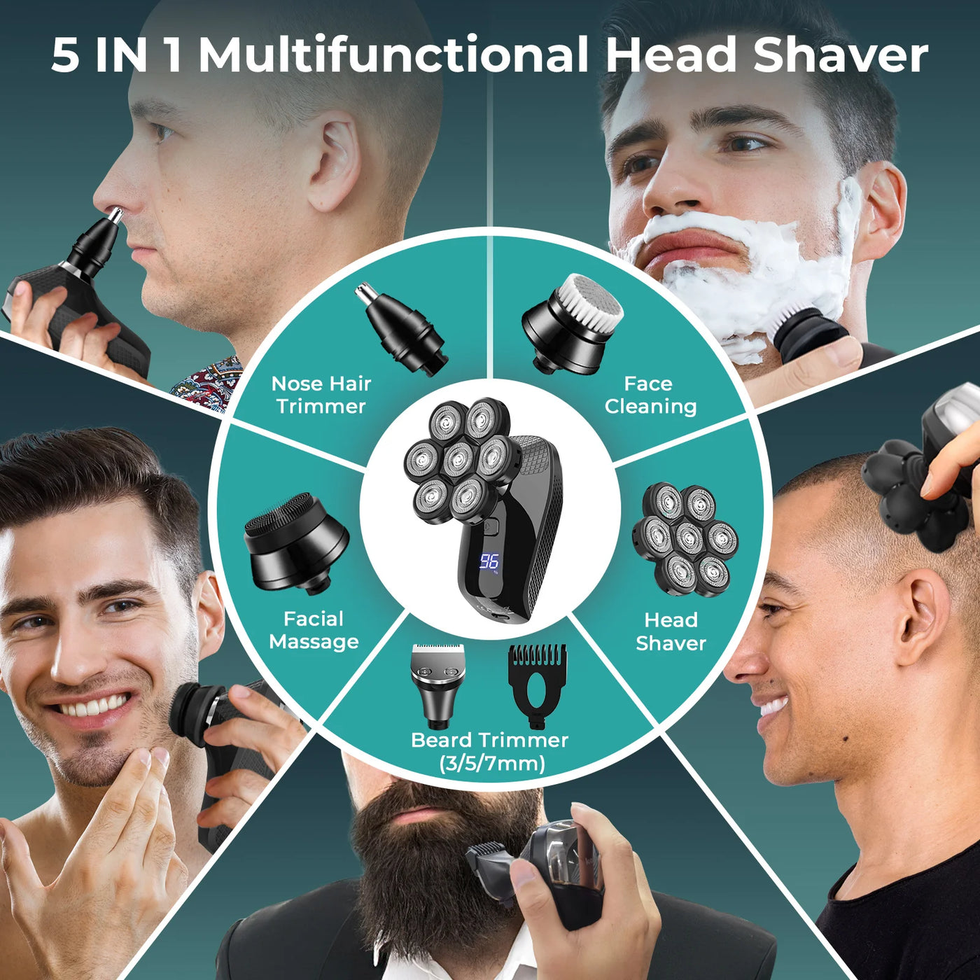 Kensen 5-i-1™ 7D Shaver Kit – IPX6, LED & Udskiftelige Hoveder
