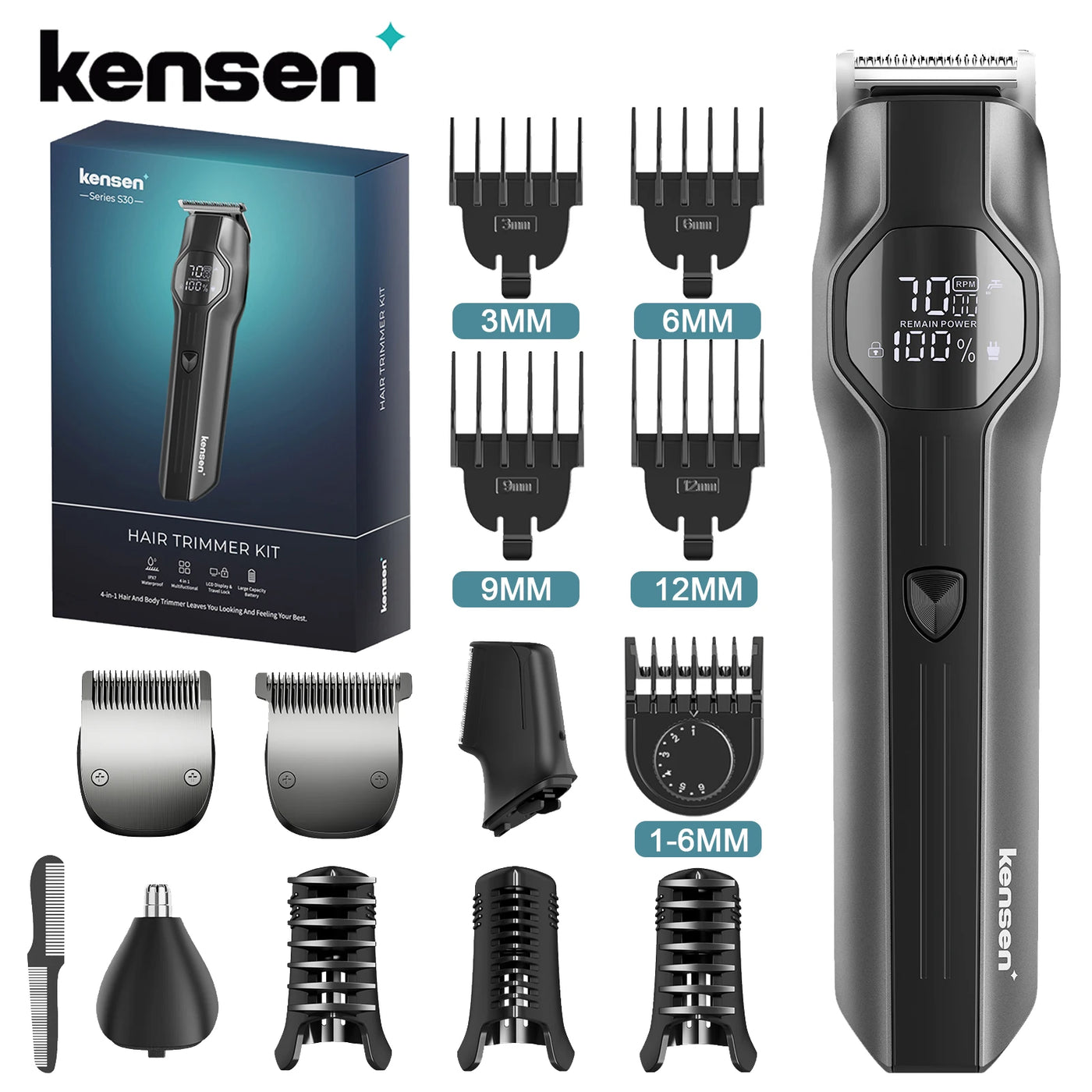 Kensen S30™ – 4-i-1 Trimmer m. LED & Lang Batteritid (IPX7)